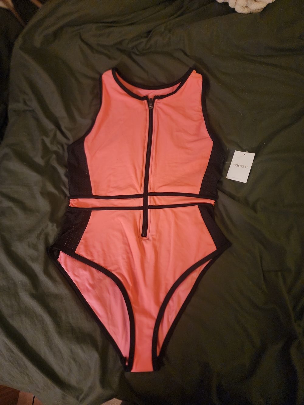 Forever 21 Plus Size Pink & Black Zip-Front One-Piece Swimsuit